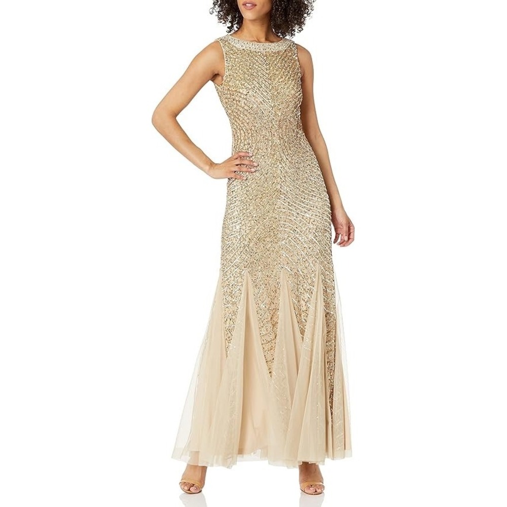 Aidan Mattox Womens Gold Sequined Gown with Godets Dress Size 4 Formal. NWT